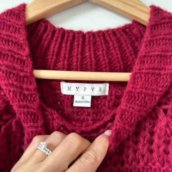 HYFVE Chunky-Knit Crew Neck Long Sleeve Cropped Pullover Sweater Red S - Picture 5 of 7